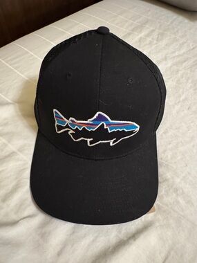 Patagonia Black Mesh Trucker Hat with Multicolor Fish Patch